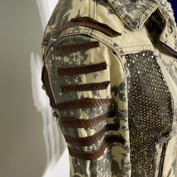 CUSTOM Upcycled Leather Trim Animal Print Peace Moto Jacket Signed - Picture 5 of 10